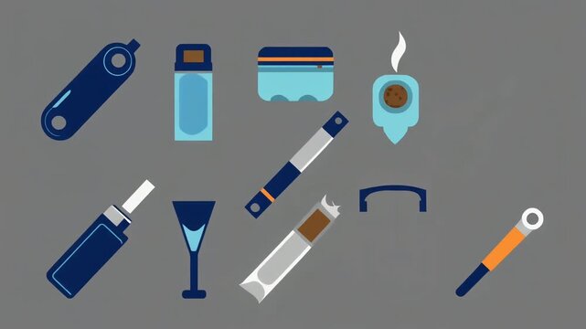 Minimalist graphic illustration featuring various smoking accessories, vapes, cigars, and beverage items