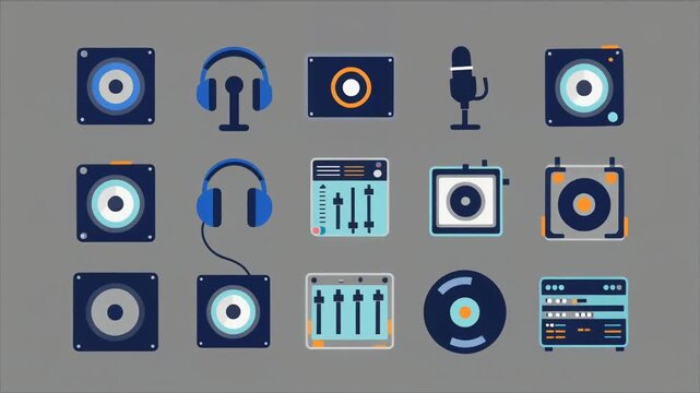 Music production and audio equipment vector icons set with speakers, headphones, microphones, and mixing consoles for sound design projects