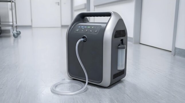 Portable Medical Oxygen Concentrator Machine with Cannula Tubing Placed on a Clean Clinic Floor, Essential Equipment for Respiratory Therapy and Healthcare Treatment in Hospital Environment
