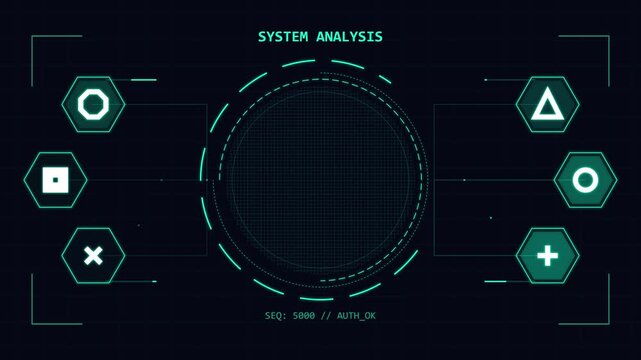 Futuristic digital interface displaying system analysis data with hexagonal icons and circular graph, technology and data visualization