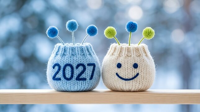 Cute knitted pots with year 2027 and smiley face for winter holiday and new year decoration.