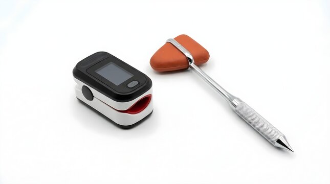 Professional Medical Diagnostic Equipment Featuring a Digital Finger Pulse Oximeter and a Neurological Reflex Hammer Isolated on a White Background for Healthcare and Clinical Examination Themes