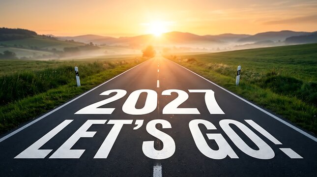 Asphalt road leads to horizon at sunrise with 2027 and 'Let's Go!' painted, representing forward movement and new opportunities.