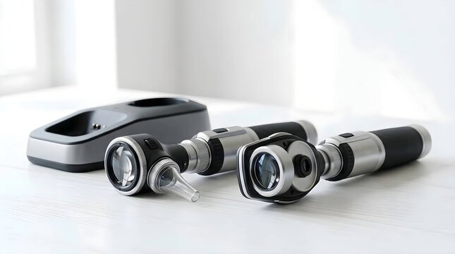 Professional medical diagnostic set with otoscope and ophthalmoscope instruments for ear and eye examination lying on a clean white surface in a modern healthcare clinic or hospital environment.
