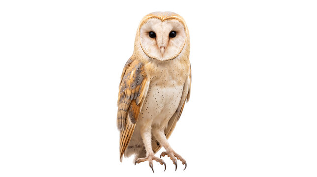 Barn owl standing tall, facing forward, isolated on png transparent background