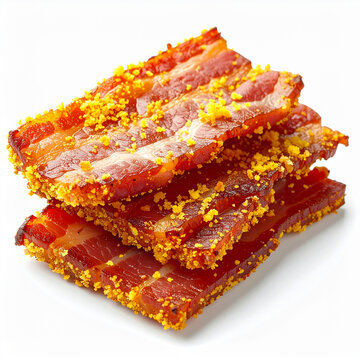 Juicy Canadian peameal bacon slices coated in golden yellow cornmeal, tender cooked pork, white background, appetizing food. Close-up.