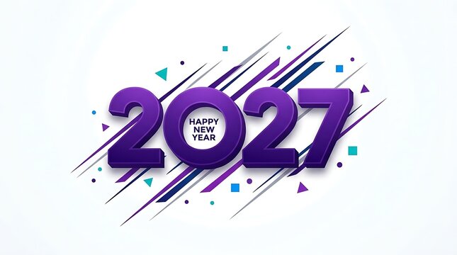 Modern abstract graphic design with purple 2027 numbers and happy new year message celebratory.