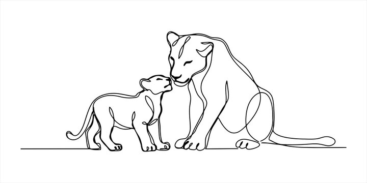 Continuous line art of a lioness and her cub together