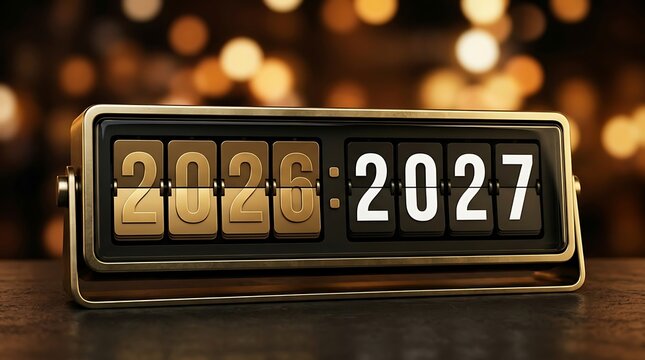 Retro flip clock displaying 2026 transitioning to 2027 marking new year's eve celebration and time change.