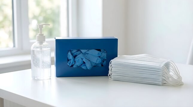 Medical Protection Equipment Featuring Hand Sanitizer Bottle, Box of Blue Nitrile Gloves, and Stack of Disposable Surgical Face Masks on White Table in Bright Clinic for Hygiene and Virus Control