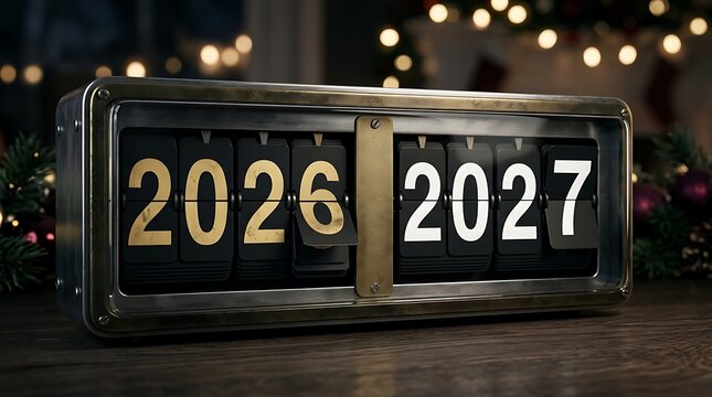 Vintage flip clock changing from 2026 to 2027 signifying new year's eve celebration and temporal shift.