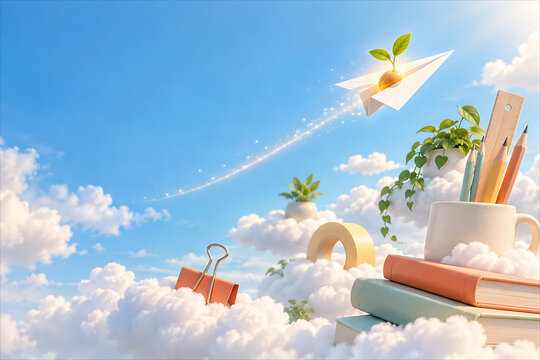 A Journey of Learning: A paper airplane carrying a sprout soars through fluffy clouds, symbolizing the journey of knowledge and growth, with books and school supplies scattered amongst the clouds.