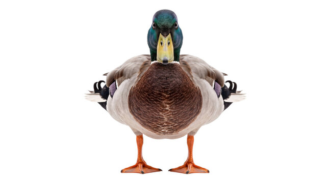 Front view of a male mallard duck facing camera on isolated on png transparent background