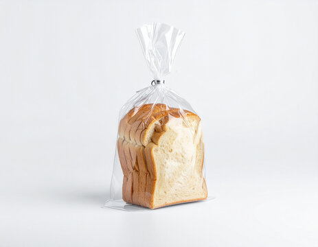 Sliced bread loaf in transparent plastic bag mockup isolated on white background, blank bakery packaging template