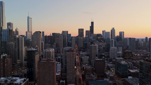 Aerial view of Chicago skyline at sunset, United States.