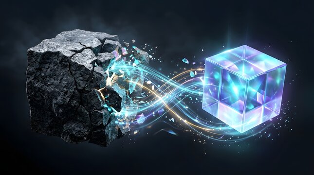 Abstract Concept of Rough Stone Cube Transforming into Luminous Crystal