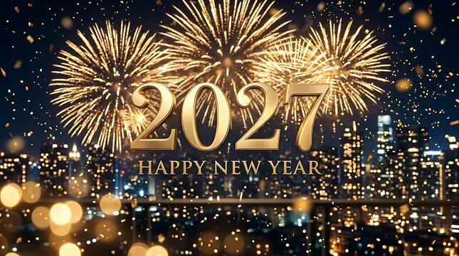 Golden 2027 happy new year text with fireworks celebration over city skyline at night background for festive greeting cards.