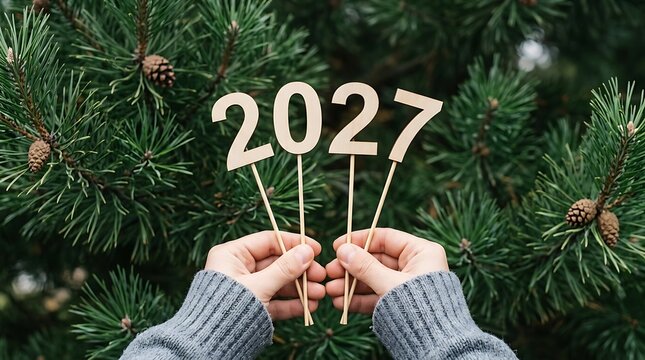 Person holding wooden numbers forming year 2027 against green pine tree branches with cones, symbolic of upcoming new year celebration.