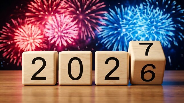 Wooden blocks with numbers 2026 and 2027 flipping over with fireworks display in background, representing new year countdown.