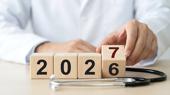 Doctor changing wooden block from 2026 to 2027 symbolising new year transition with stethoscope on desk suggesting medical future plans and healthcare goals.