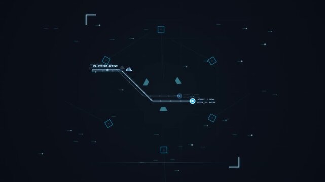 abstract digital data stream with blue glowing elements and connecting lines on a dark grid background, futuristic technology and network visualization