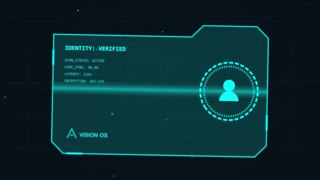 Futuristic digital interface displaying a user profile with data and a human icon on a grid background, science fiction UI element