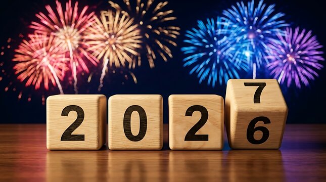 Wooden blocks with 2026 and 2027 numbers signify new year arrival with vibrant fireworks exploding in night sky.