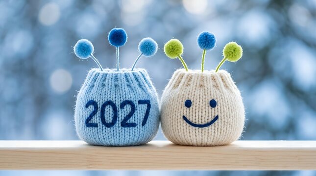Cute knitted figures display 2027 year message with smiley face and pom poms against soft blue winter background.