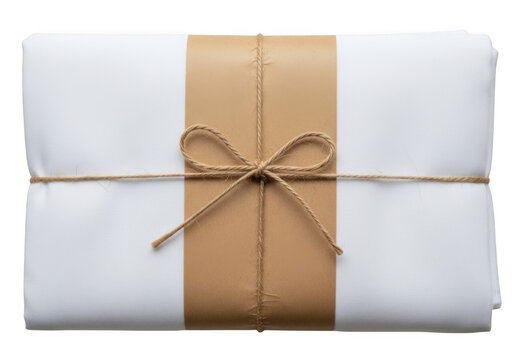 Small gift package wrapped in white paper and brown twine isolated on transparent background