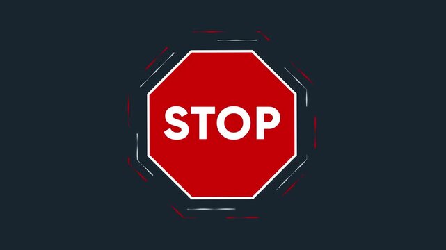 Animated stop sign vector icon with futuristic HUD glitch elements and motion graphics effects on dark background. Digital traffic symbol for safety, prohibition, warning, security, and interface over