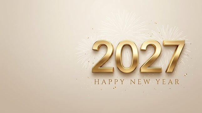 Gold 2027 text with soft fireworks and confetti on a light beige background, conveying happy new year wishes and a luxurious celebratory atmosphere.