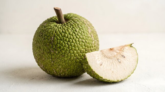 Studio shot of a whole green textured breadfruit next to a single wedge showing its starchy white flesh on a light background