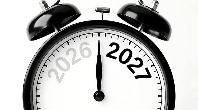 Alarm clock face showing transition from 2026 to 2027 represents coming new year.