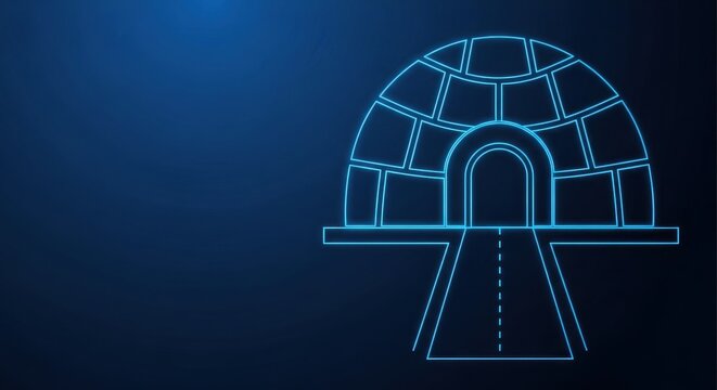 Glowing blue neon igloo structure with illuminated entrance path on dark background, digital illustration of winter shelter