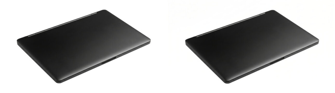 Closed black laptop computer mockup viewed from above at an angle is PNG isolated on transparent background for commercial graphic design use