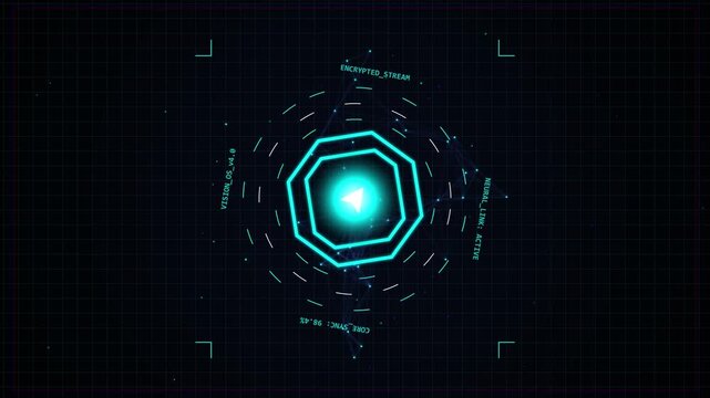 abstract glowing geometric shape with digital grid background, futuristic technology interface, sci-fi data visualization