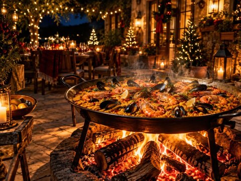 Spanische Meeresfr&uuml;chte-Paella &uuml;ber offenem Feuer an Weihnachten. Gro&szlig;e Paella mit Garnelen und Muscheln gart &uuml;ber offenem Holzfeuer auf einer festlich beleuchteten Terrasse