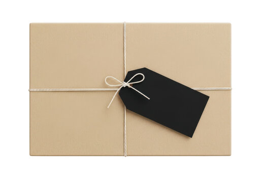 Brown paper parcel with a black gift tag tied with string isolated on transparent background