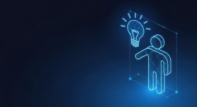 Abstract human figure with glowing lightbulb concept symbolizing idea generation and innovation against a dark blue digital background.