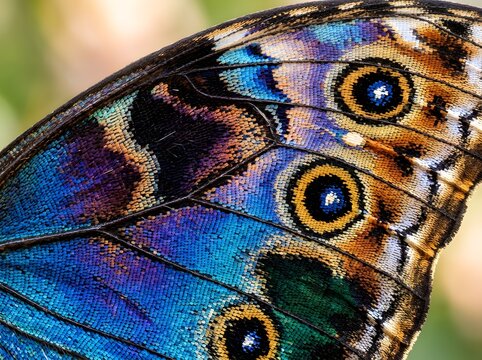 Macro view of iridescent butterfly wing with intricate eye patterns