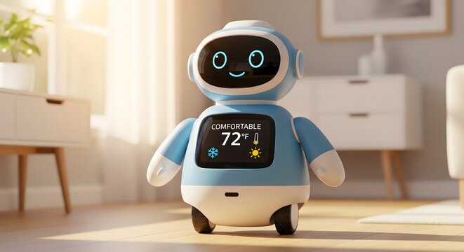 A friendly blue and white smart home assistant robot displaying comfortable temperature indoors.