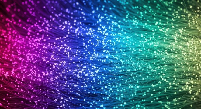 Abstract background, with glowing fiber, optic strands in, vibrant purple, blue, and green light colors