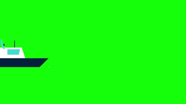 Stylized 2D flat design animation icon of a motorboat with a navy blue hull, white cabin, and turquoise windows isolated on a bright green screen background for video editing.
