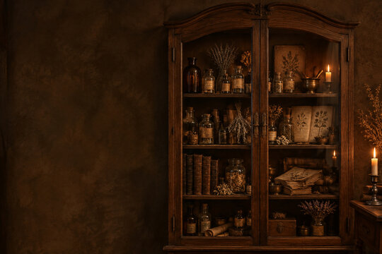 Antique curio cabinet with apothecary bottles and herbs, heritage and tradition concept