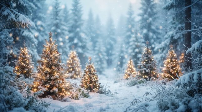 Magical winter forest with snow covered trees and soft light