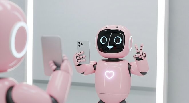 A friendly pink robot taking a selfie in the mirror with a smartphone.