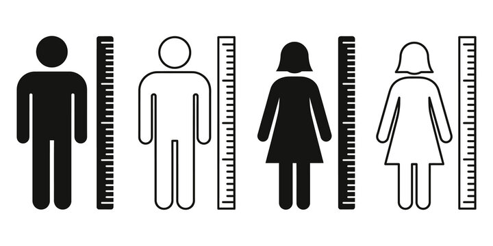 Silhouettes and outlines of male and female figures measured against rulers, symbolizing height and measurement.