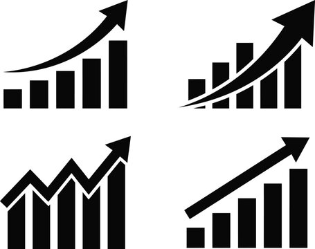 Black rising bar chart symbols with arrows for financial growth analysis and business performance data tracking.