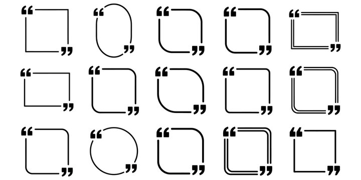 Collection of decorative quotation marks and text box frame elements in various styles for typography design and layout decoration.