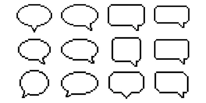 Pixel art speech bubble collection in black on transparent background for game interface design and retro chat communication.